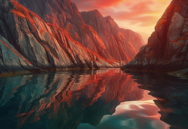 A mountains and the water reflect in the water in the style of