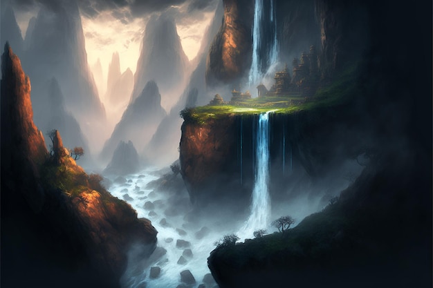 Mountains and waterfalls in the background of a waterfall foreground generative ai