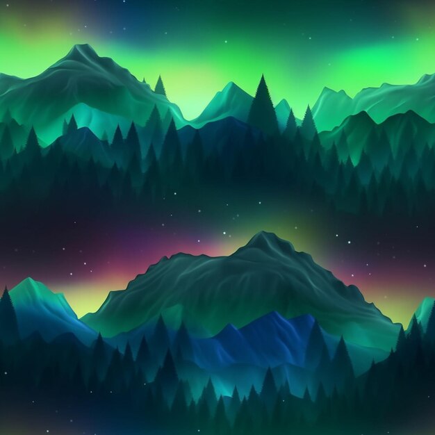 Mountains with aurora lights in the sky and stars in the sky generative ai