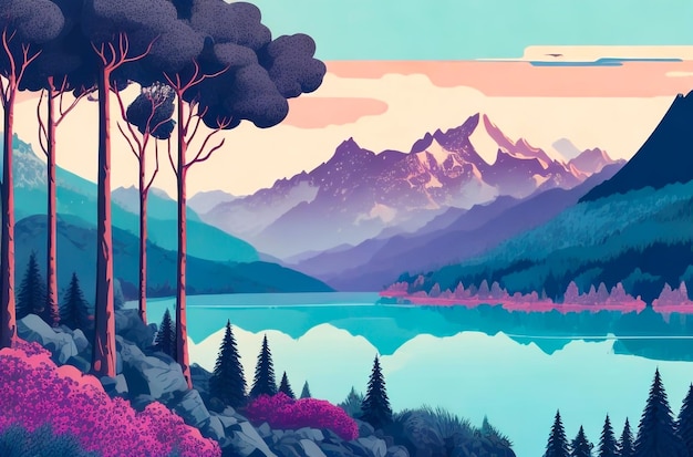 Mountains with beautiful lake and trees vector color and line art illustration