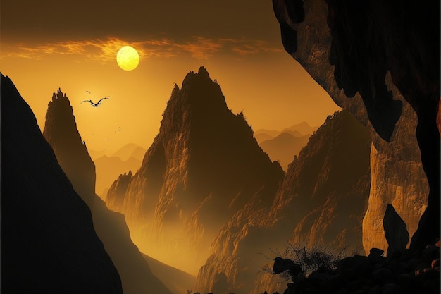 Mountains with birds flying over the at sunset generative ai