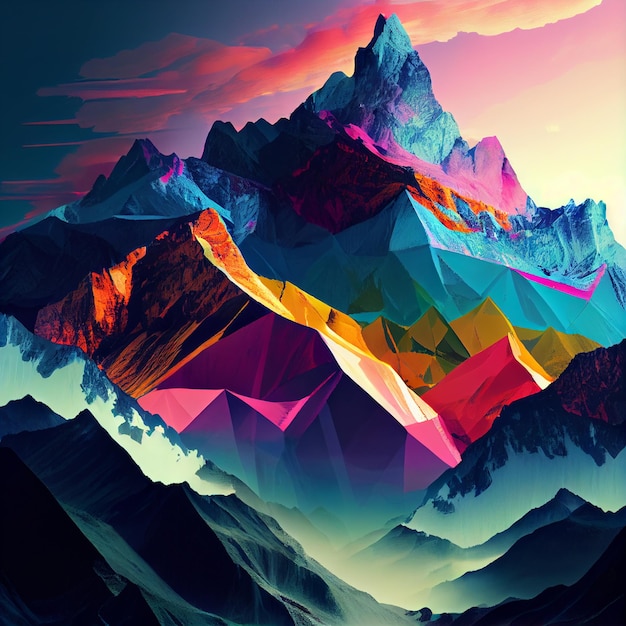 Mountains with a colorful sky and a pink sky in the background generative ai