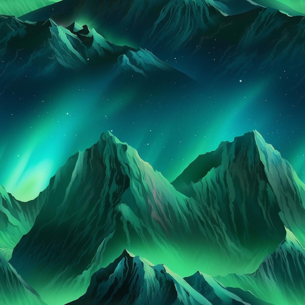 Mountains with green lights in the sky and stars above them generative ai