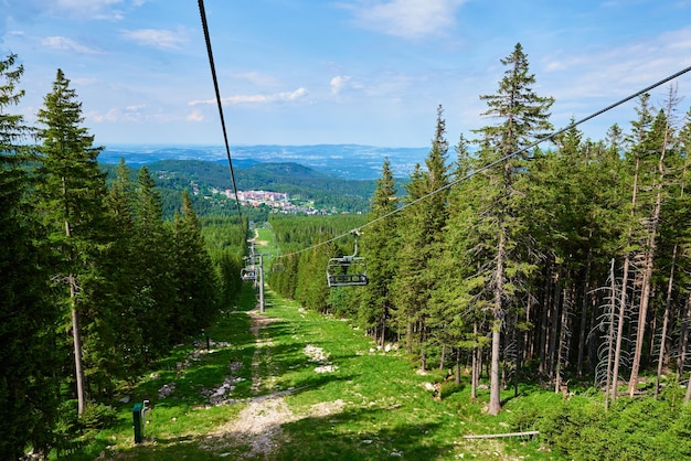 Mountains with open cable cars lift Karpacz Poland