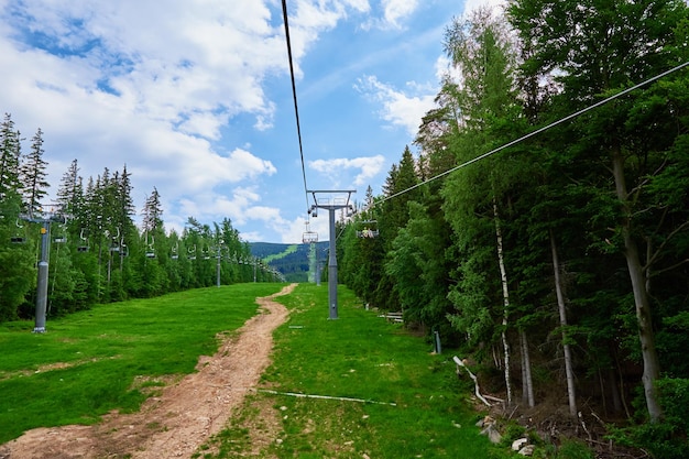 Mountains with open cable cars lift Karpacz Poland