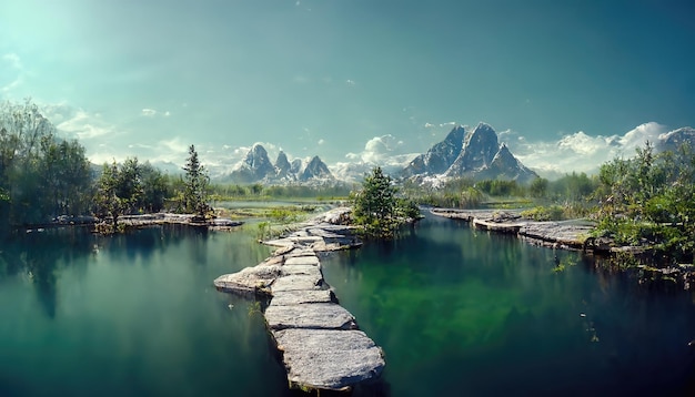 Mountains with a pond Wooden pier under blue sky