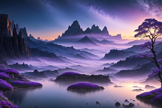 Mountains with purple misty AND PURPLE PLANTS