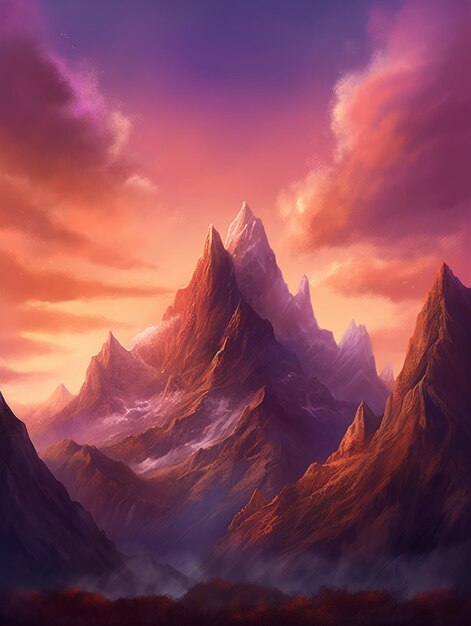 mountains with a purple sky and a pink sky in the background generative ai