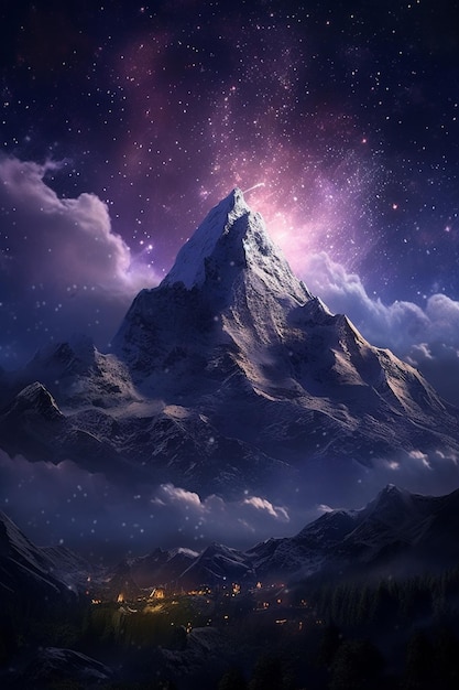 Mountains with a purple sky and stars in the background generative ai