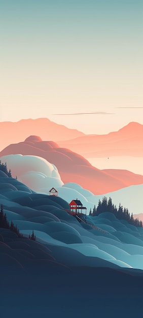 mountains with a red house in the middle of them generative ai