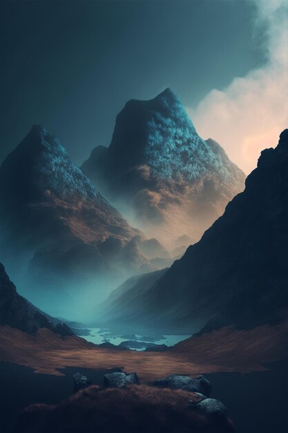 Mountains with a river in the foreground and a cloudy sky generative ai