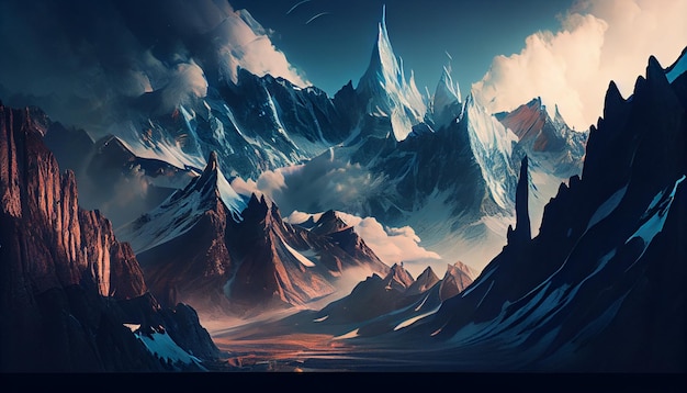 mountains with snow and clouds in the background generative ai