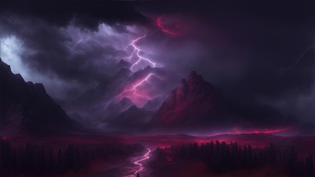 Mountains with snowy peaks Dark red clouds around the red lighting