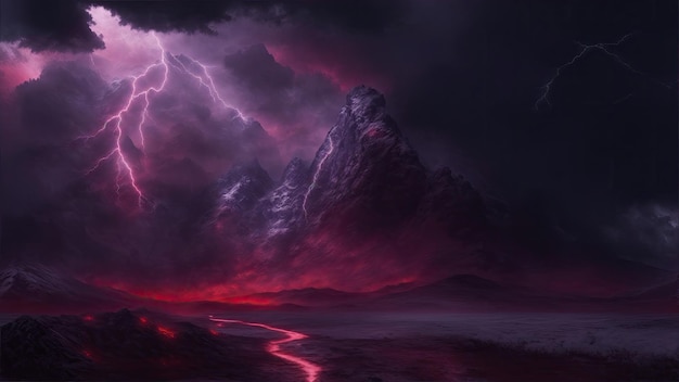 Mountains with snowy peaks Dark red clouds around the red lighting