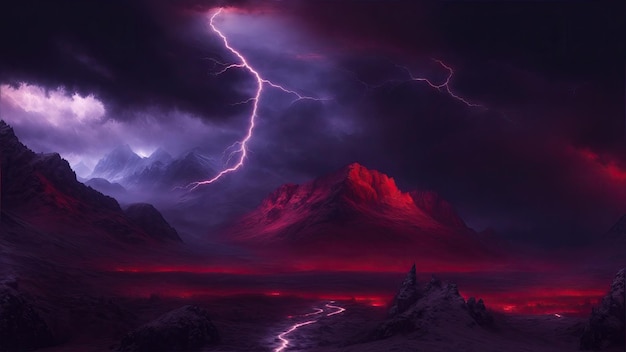 Mountains with snowy peaks Dark red clouds around the red lighting