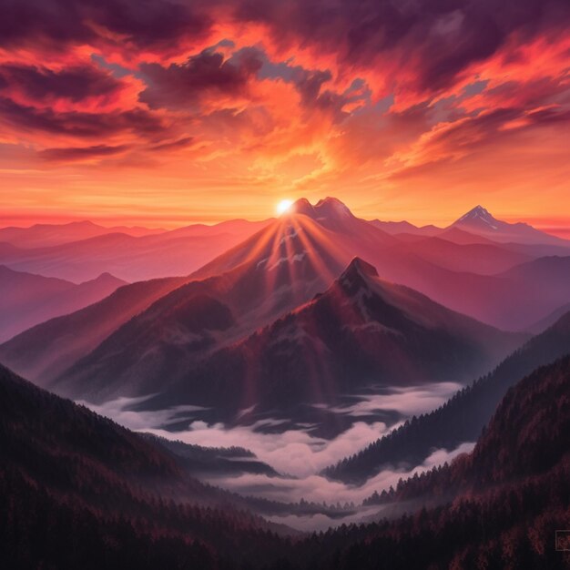 Mountains with a sunset in the background and a fog filled valley below generative ai