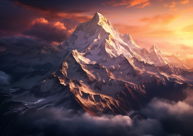 Mountains with a sunset in the background generative ai