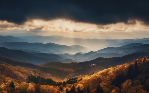 雲と木の山 太陽が雲の中を照らす