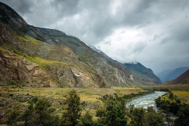 Mountains with trees and river landscape