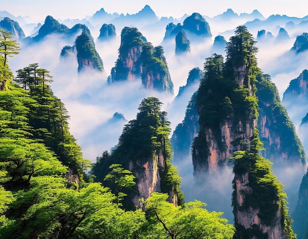 The mountains of zhangjiajie are covered in fog