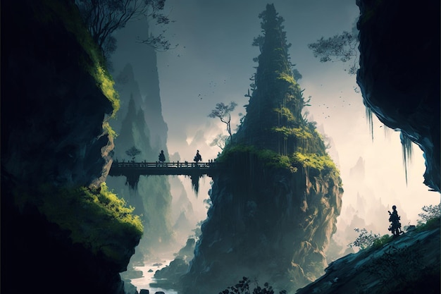 Mountainside view of a bridge with and people walking over mountain generative ai