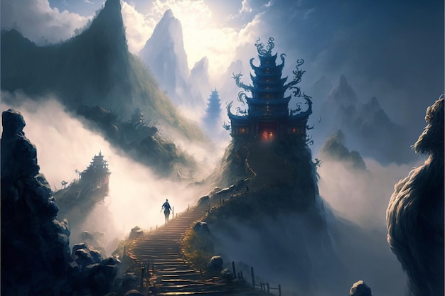 Вид на гору человека, идущего по крутому холму с лестницей, ведущей к пагоде, генерирующей ай