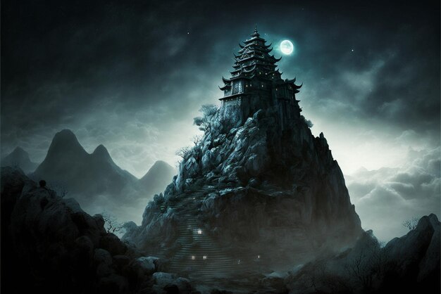 城のような構造の生成AIを持つ山頂の山側の眺め