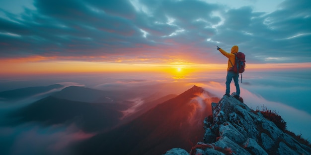 On a mountaintop a mountaineer points to the horizon They enjoy a sea of clouds at sunset