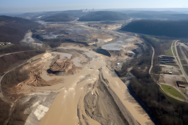 Mountaintop removal mining operation causing massive landslide and subsequent mudslide