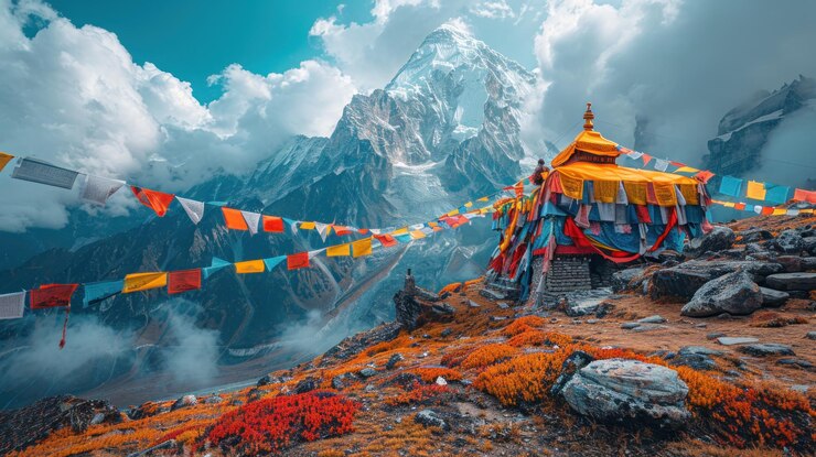 Mountaintop Temple with Prayer Flags