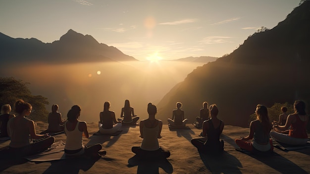 A mountaintop yoga practice ultra realistic illustration