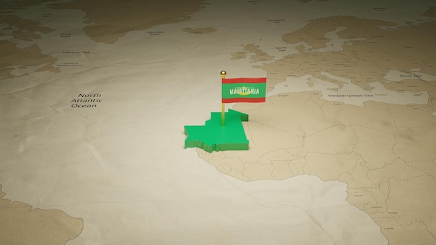 Mouritania map with flag on earth background 3d rendered