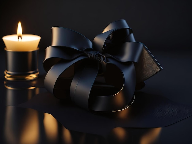 Mourning ribbon with candle on dark