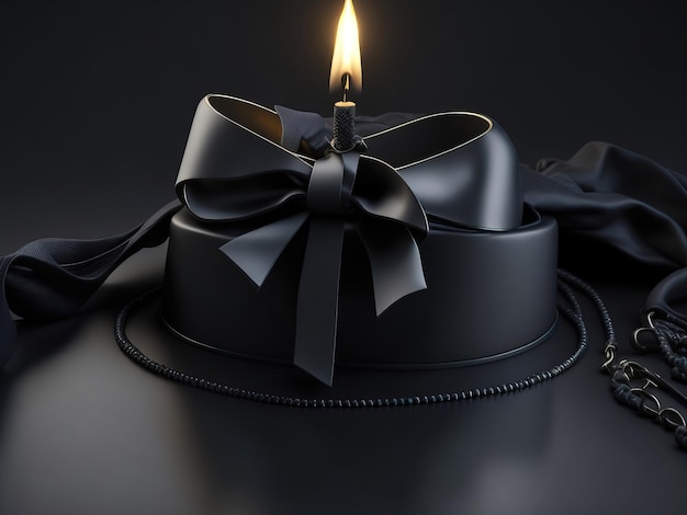 Mourning ribbon with candle on dark