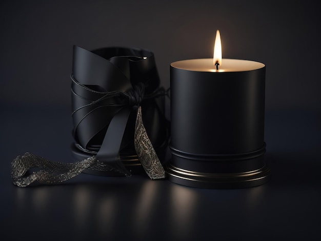 Mourning ribbon with candle on dark