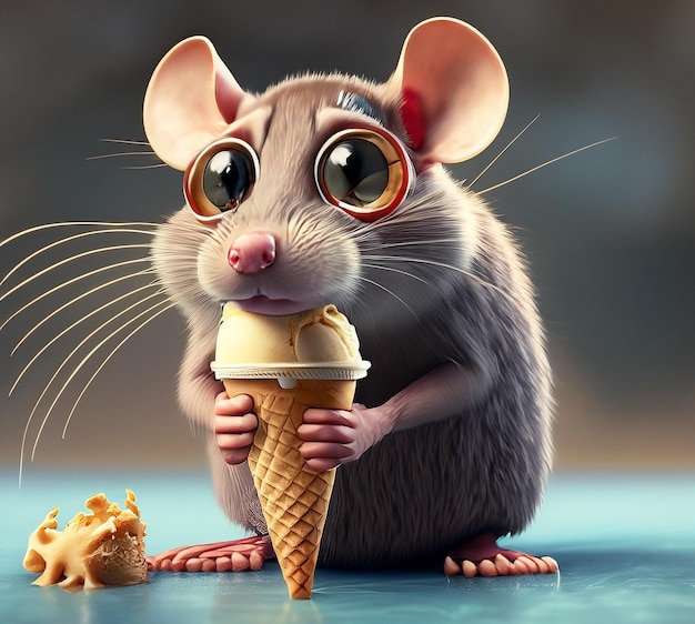 アイスクリームを食べるマウスの愛らしいキャラクター HD写真