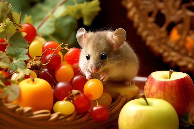 A mouse in a basket of fruit