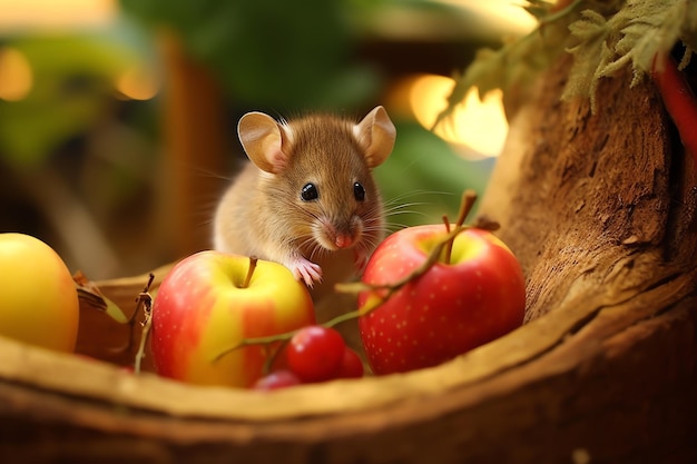 A mouse in a basket with apples