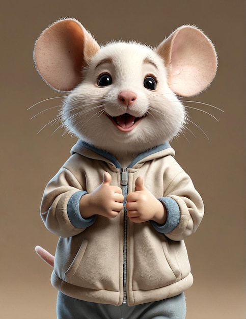 a mouse in a beige jacket and blue pants