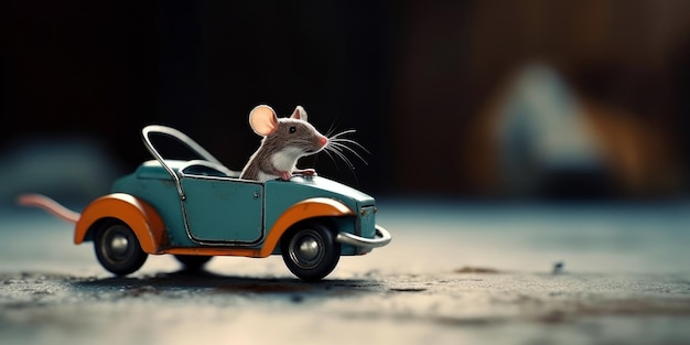 A mouse in a blue car