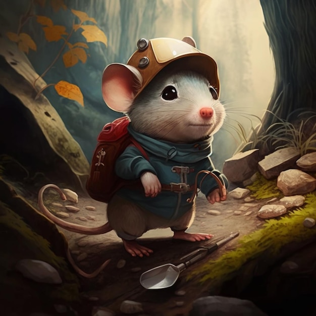 A mouse in a blue jacket stands on a path in the woods