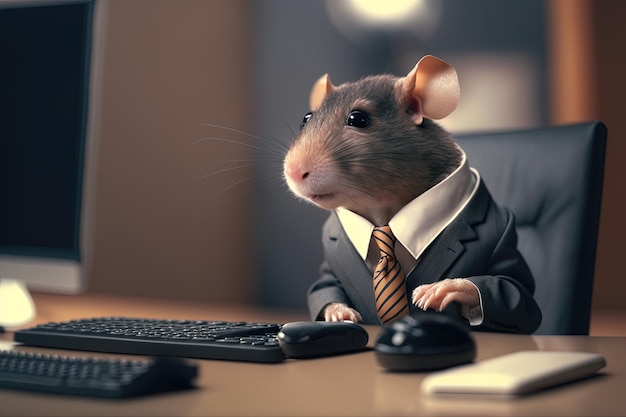 Мышиный бизнесмен в костюме в офисе за компьютером