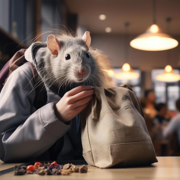 Mouse in a cafe at the table