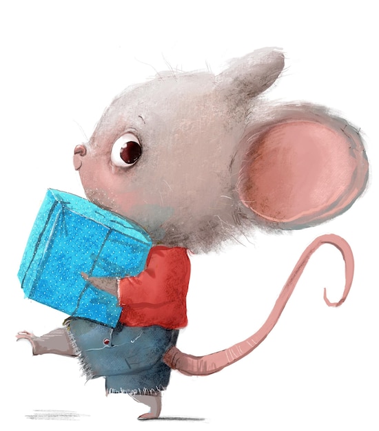 Un topo che trasporta una confezione regalo blu.