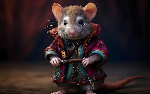 A mouse in a coat with a key in it