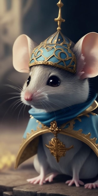 A mouse in a costume with a gold crown