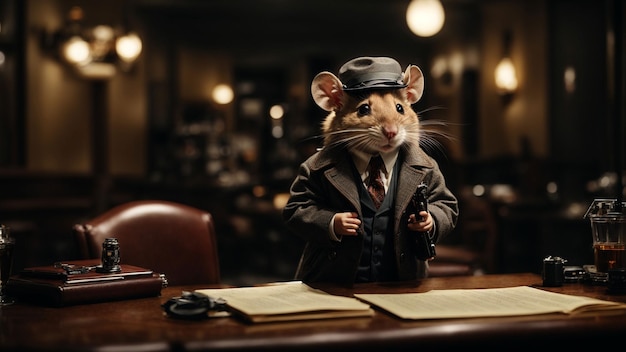 Мышь в детективном наряде решает загадку в мрачной обстановке