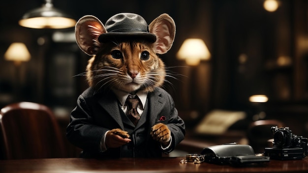 A mouse in detective attire solving a mystery in a noir setting