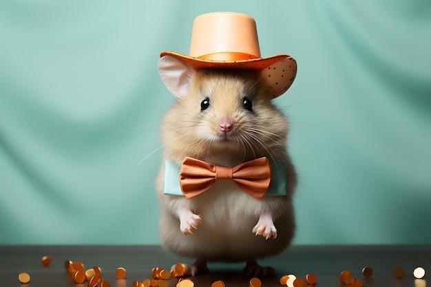 Mouse dressed as a cowboy with an orange hat and bowtie confetti on a teal background