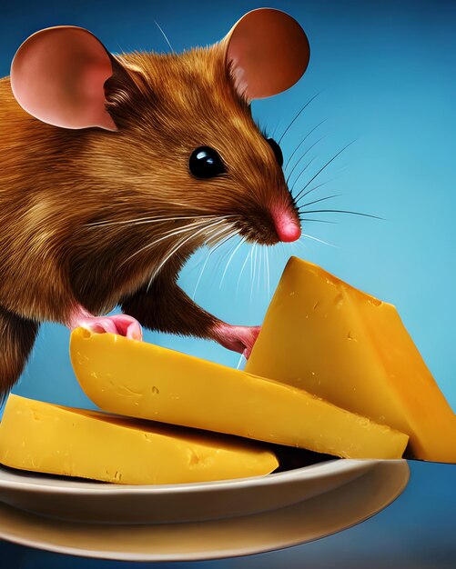 Mouse eating cheese from the plate generative ai illustration